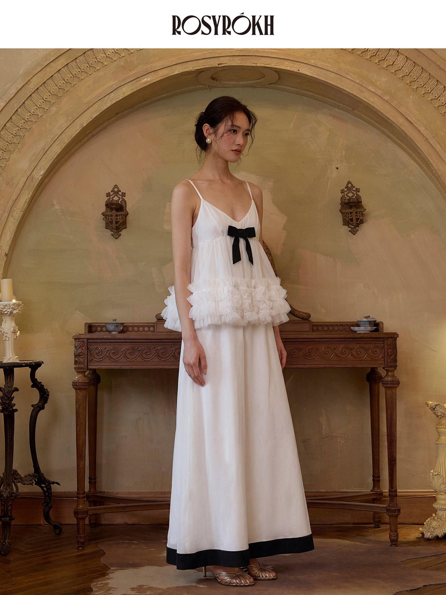 Bow-Detailed Chanel-Style Tulle-Inserted Slip Dress Set for Birthday-Top